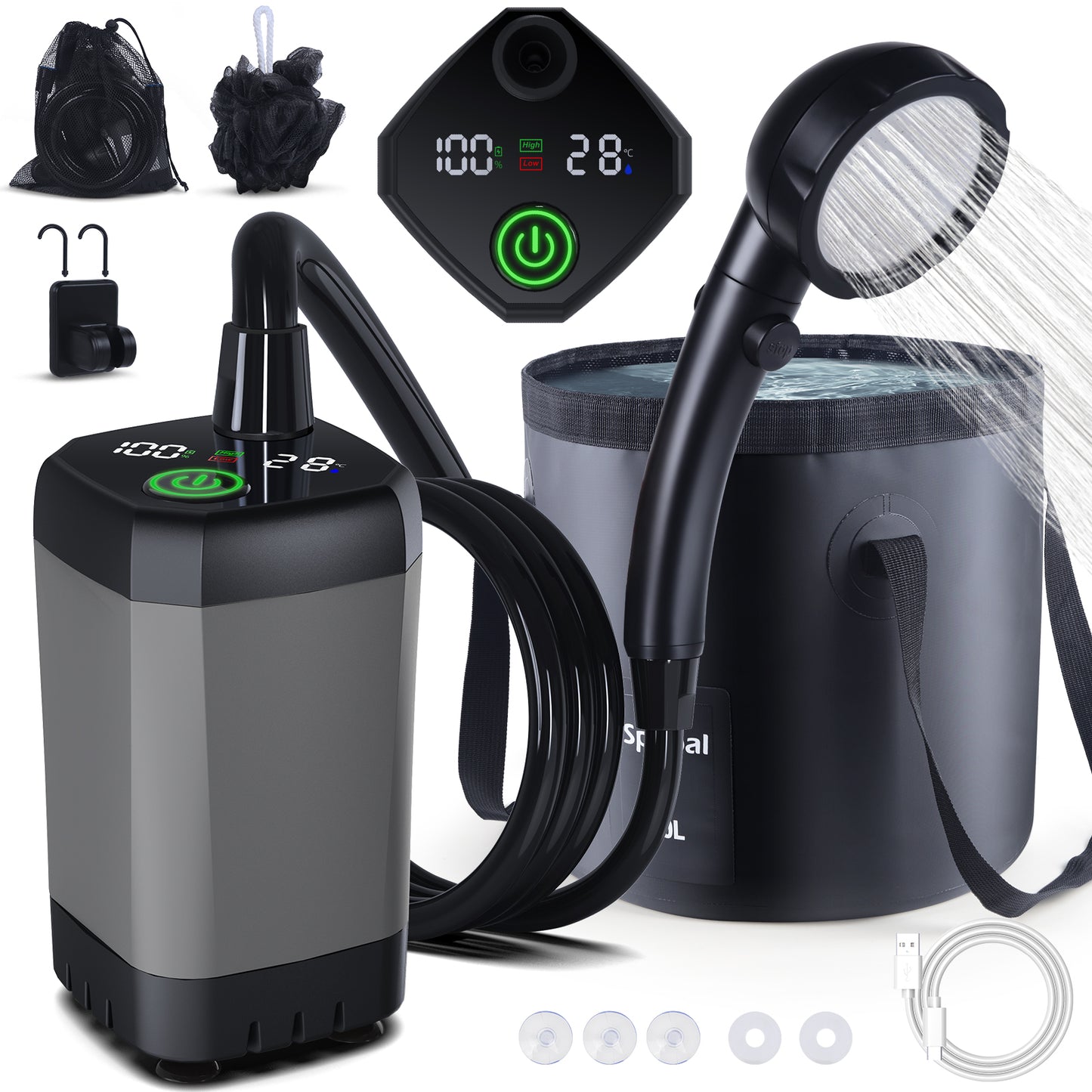 Portable Shower for Camping, Rechargeable Camping Shower with Collapsible Bucket with Handle 20L Intelligent LED Display, 4 Spray Modes, Outdoor Shower Kit for Hiking, Travel, Car, Pet 【Black】