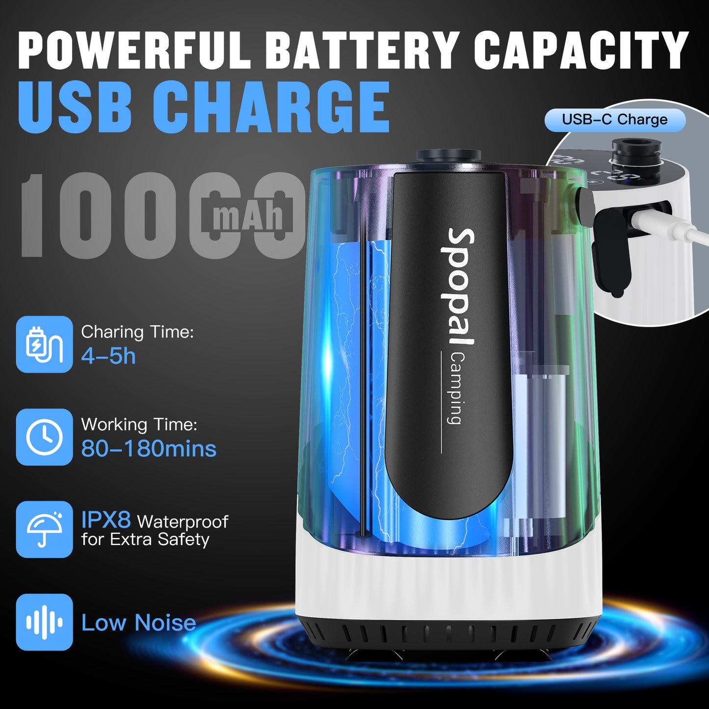 Spopal 10000mAh Rechargeable Camping Shower White