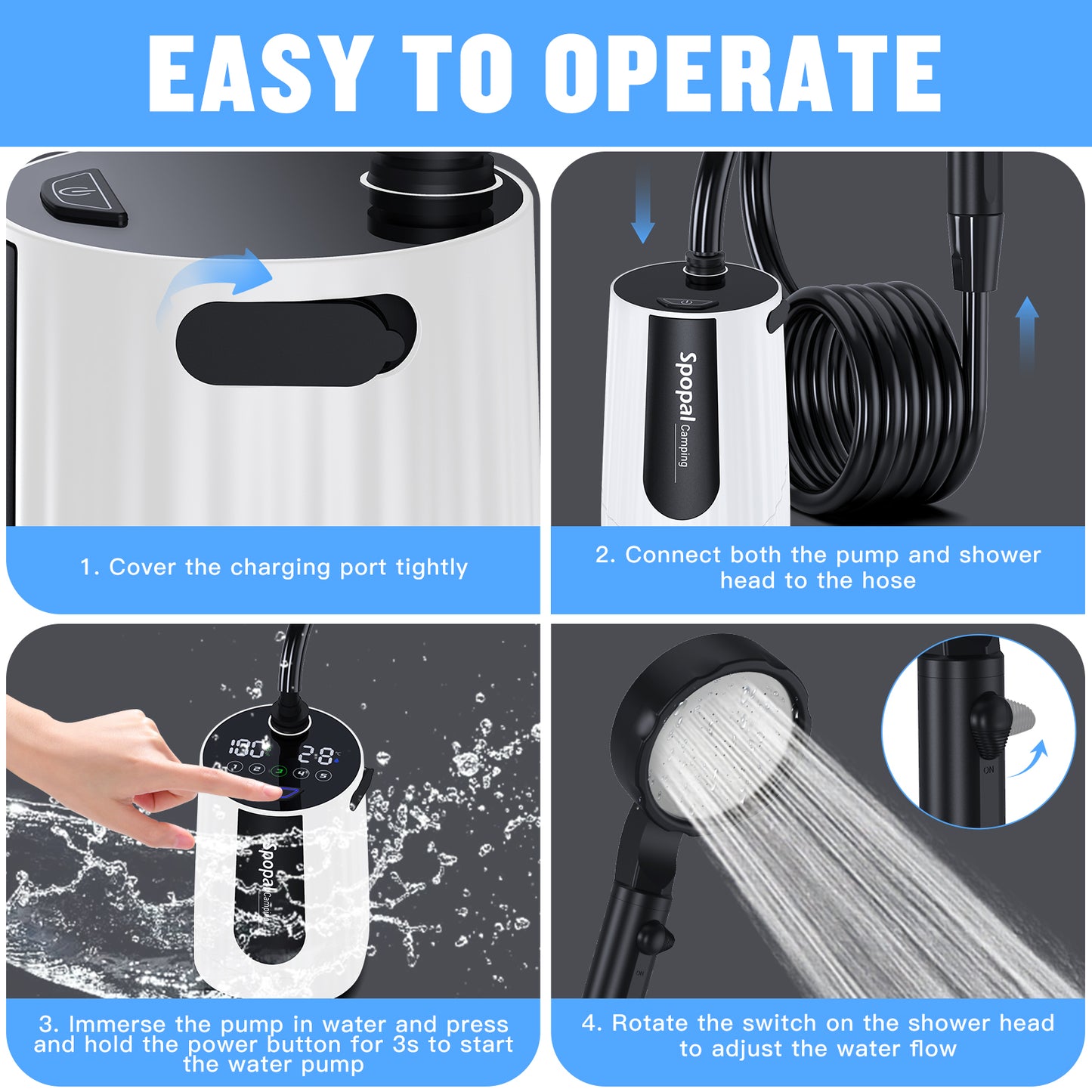 Spopal 10000mAh Rechargeable Camping Shower White