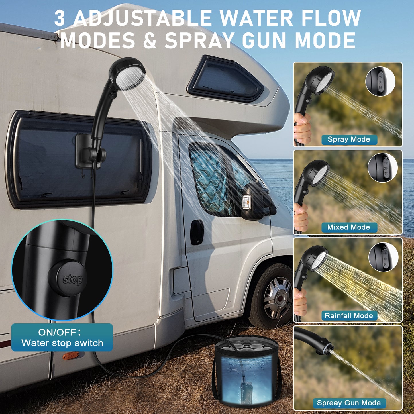 Portable Shower for Camping, Rechargeable Camping Shower with Collapsible Bucket with Handle 20L Intelligent LED Display, 4 Spray Modes, Outdoor Shower Kit for Hiking, Travel, Car, Pet 【Black】
