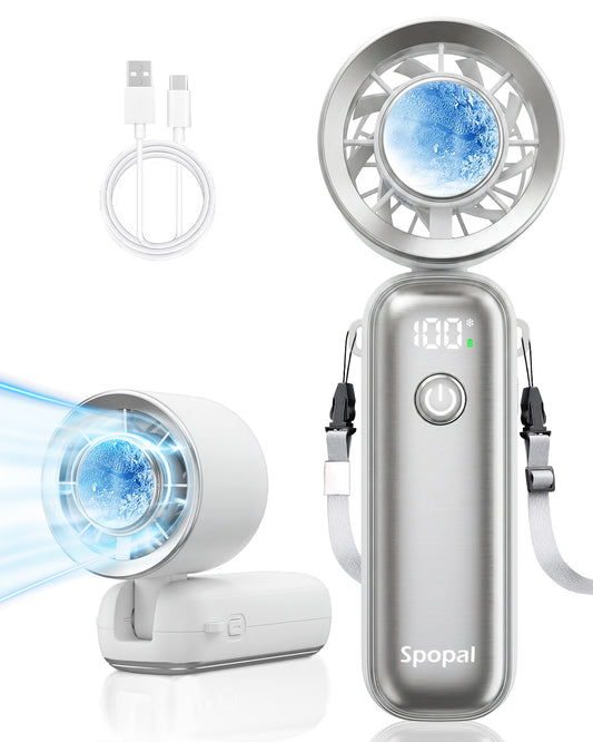 Portable Handheld Fan, [Up to 15 Hours] Spopal Digital Display Rechargeable Fan, High-Speed Cooling 10m/s Wind Speed, 100 Adjustable Speeds, 90° Foldable, Personal Fan for Travel, Beach, Office-White