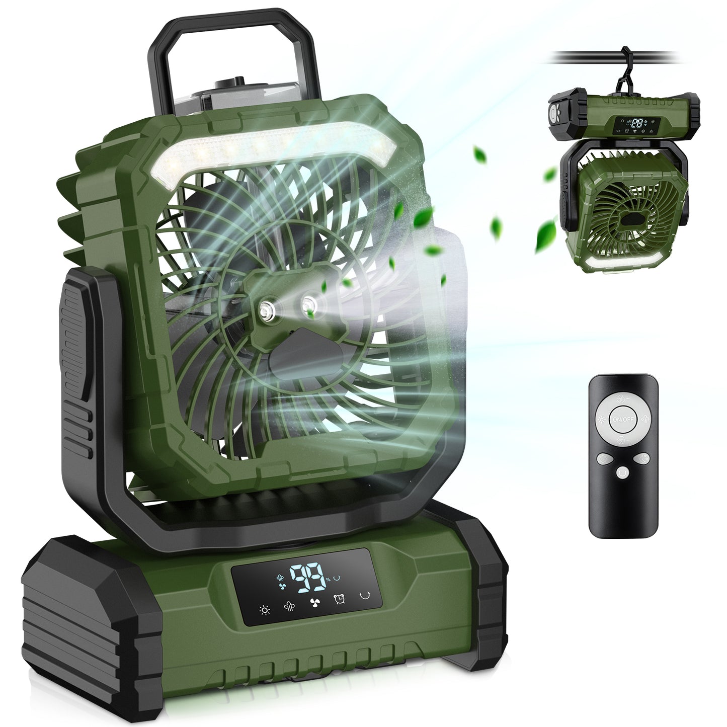 Spopal Ventilador Portátil Recargable con Spray, 20000mAh, 5 Velocidades y Gancho 360°, Luz LED Multifunción, Temporizador, Control Remoto, Modo Silencioso, para Camping, Playa, Hogar