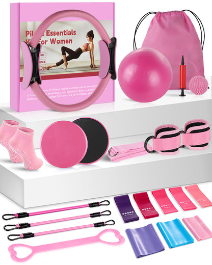 22 Pcs Pilates Fitness Kit for Women, Spopal Home Pilates Ring Set with Yoga Ball, 5-Level Resistance Band, Grip Socks, Pilates Set for Beginners, Gym Workouts, Full-Body Muscle Tranning-Pink