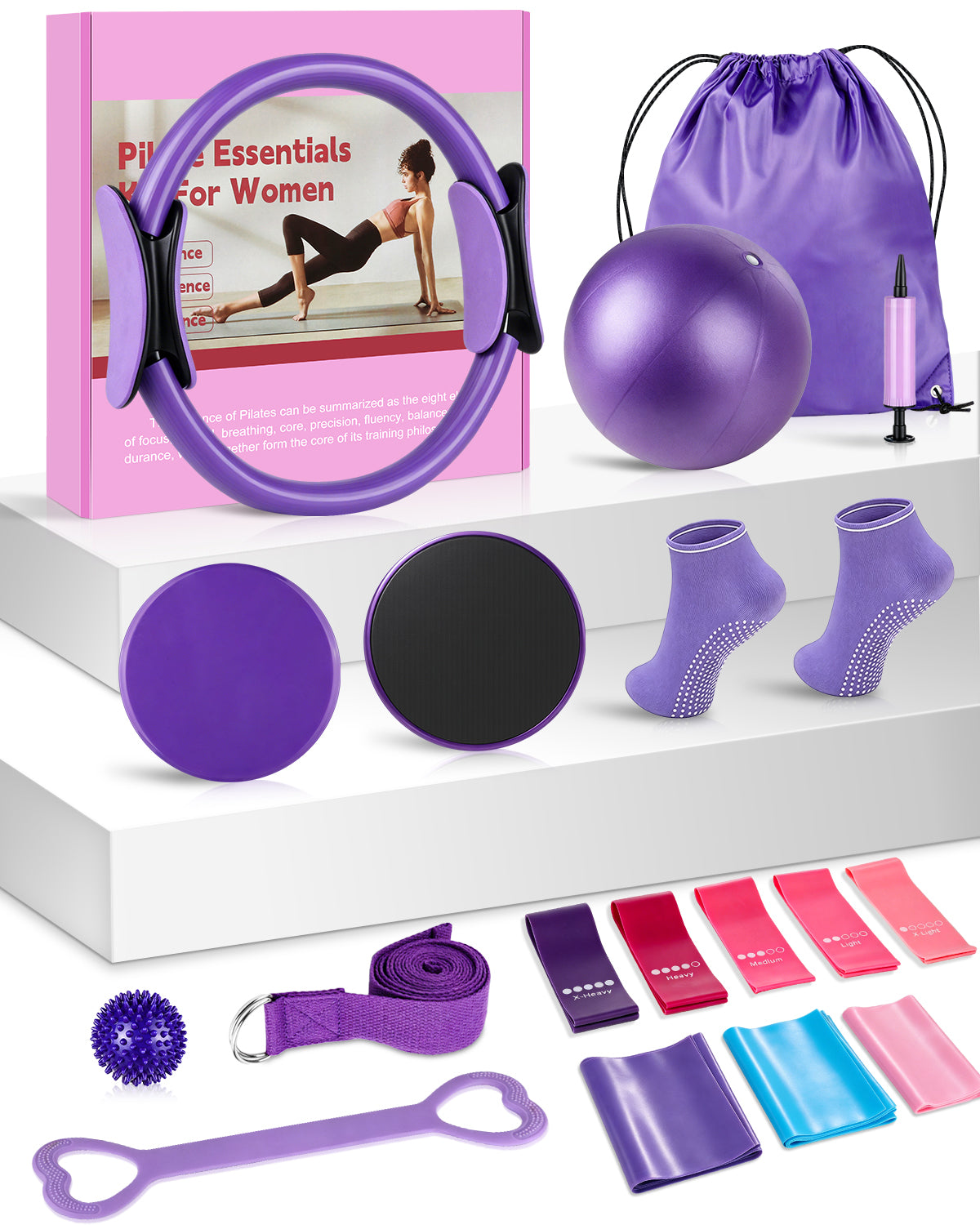17 Pcs Pilates Kit for Women, [New] Spopal Workout Kit with Massage Ball,13.5" Ring and Ball,Fabric Resistance Bands,Stretching Bands,Pilates Essential Equipment for Home,Including Workout Guide