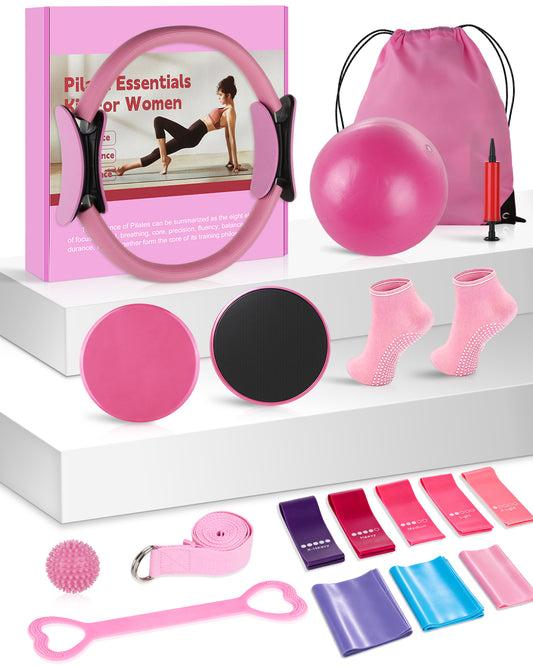 17 Pcs Pilates Kit for Women, [New] Spopal Workout Kit with Massage Ball,13.5" Ring and Ball,Fabric Resistance Bands,Stretching Bands,Pilates Essential Equipment for Home,Including Workout Guide