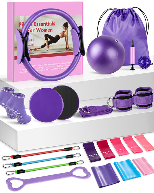 22 Pcs Pilates Fitness Kit for Women, Spopal Home Pilates Ring Set with Yoga Ball, 5-Level Resistance Band, Grip Socks, Pilates Set for Beginners, Gym Workouts, Full-Body Muscle Tranning-Purple