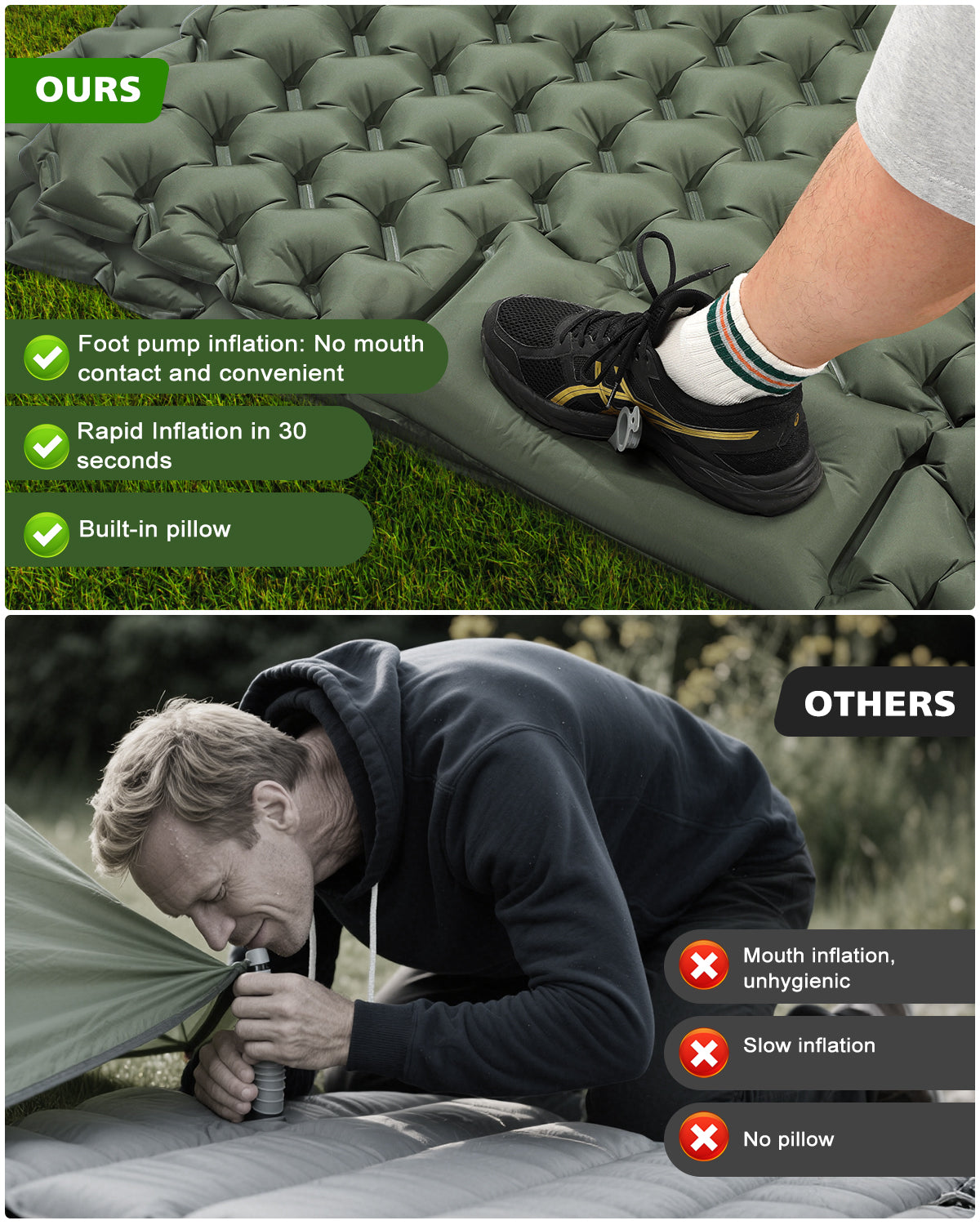 Double Camping Mattress Sleeping Mat, [Bearing 400KG] [Built-In Foot Pump with Pillow] Spopal Inflatable Backpacking Camping Mat, Protable Lightweight Sleeping Pad, for Beach Camping, Vacation, Hiking