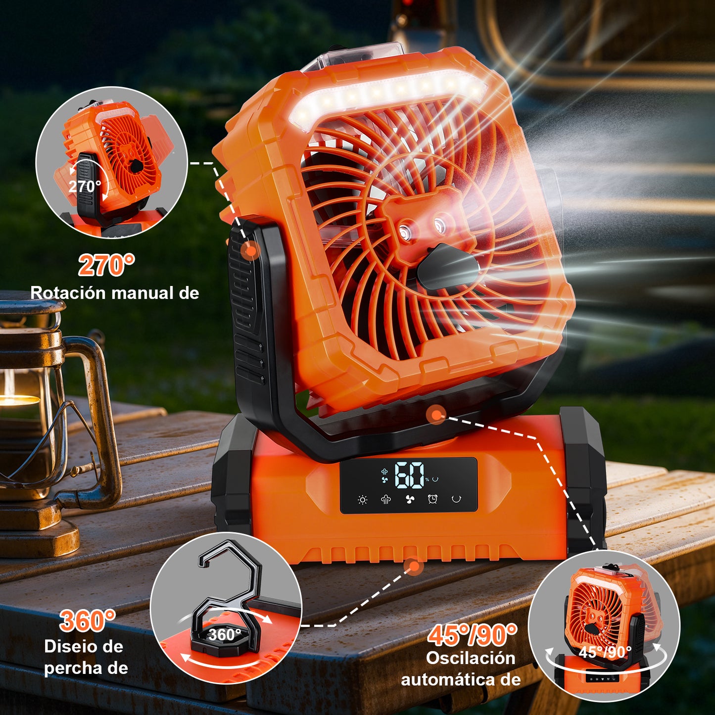 Spopal Ventilador Portátil Recargable con Spray, 20000mAh, 5 Velocidades y Gancho 360°, Luz LED Multifunción, Temporizador, Control Remoto, Modo Silencioso, para Camping, Playa, Hogar