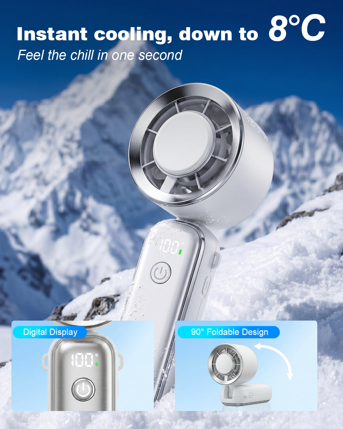 Portable Handheld Fan, [Up to 15 Hours] Spopal Digital Display Rechargeable Fan, High-Speed Cooling 10m/s Wind Speed, 100 Adjustable Speeds, 90° Foldable, Personal Fan for Travel, Beach, Office-White