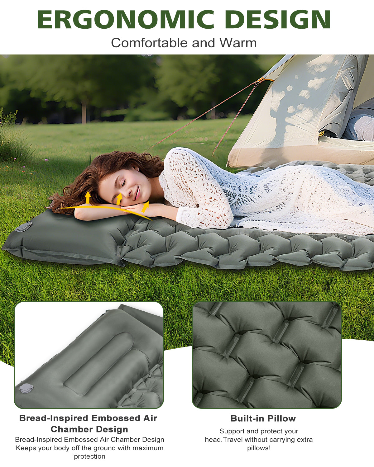 Double Camping Mattress Sleeping Mat, [Bearing 400KG] [Built-In Foot Pump with Pillow] Spopal Inflatable Backpacking Camping Mat, Protable Lightweight Sleeping Pad, for Beach Camping, Vacation, Hiking