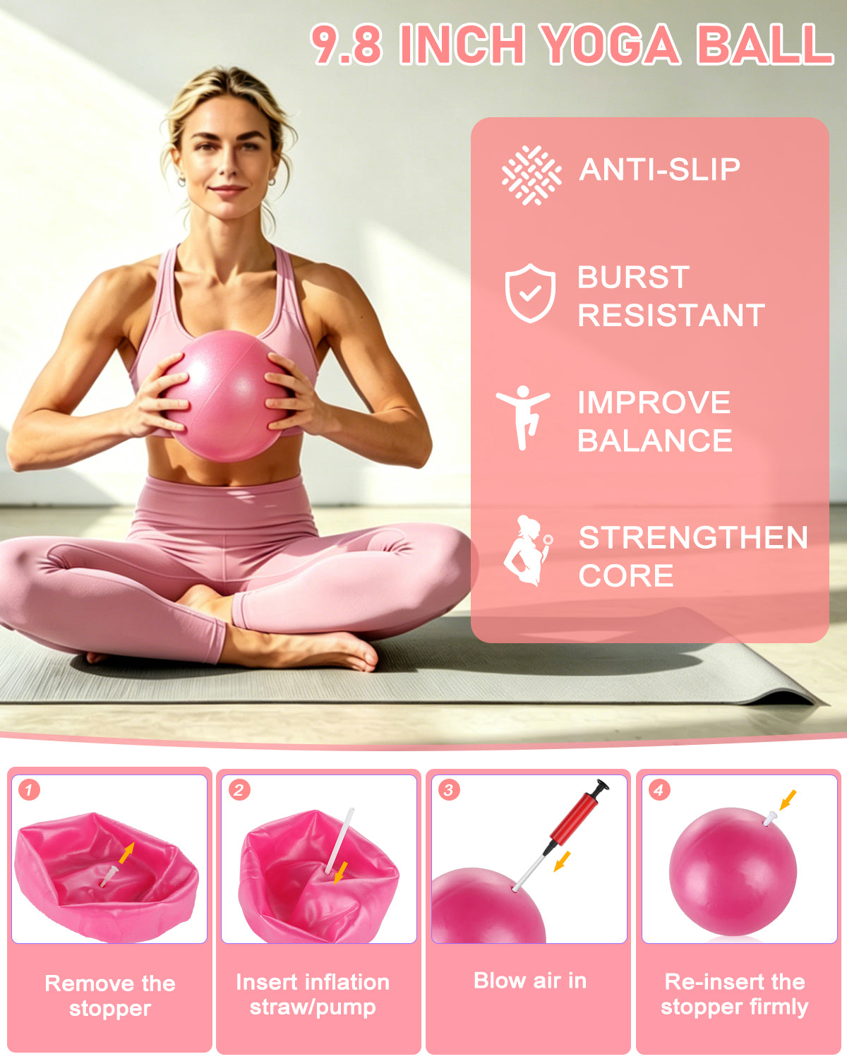 22 Pcs Pilates Fitness Kit for Women, Spopal Home Pilates Ring Set with Yoga Ball, 5-Level Resistance Band, Grip Socks, Pilates Set for Beginners, Gym Workouts, Full-Body Muscle Tranning-Pink
