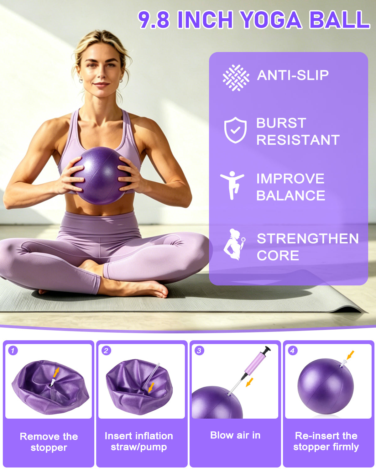 22 Pcs Pilates Fitness Kit for Women, Spopal Home Pilates Ring Set with Yoga Ball, 5-Level Resistance Band, Grip Socks, Pilates Set for Beginners, Gym Workouts, Full-Body Muscle Tranning-Purple
