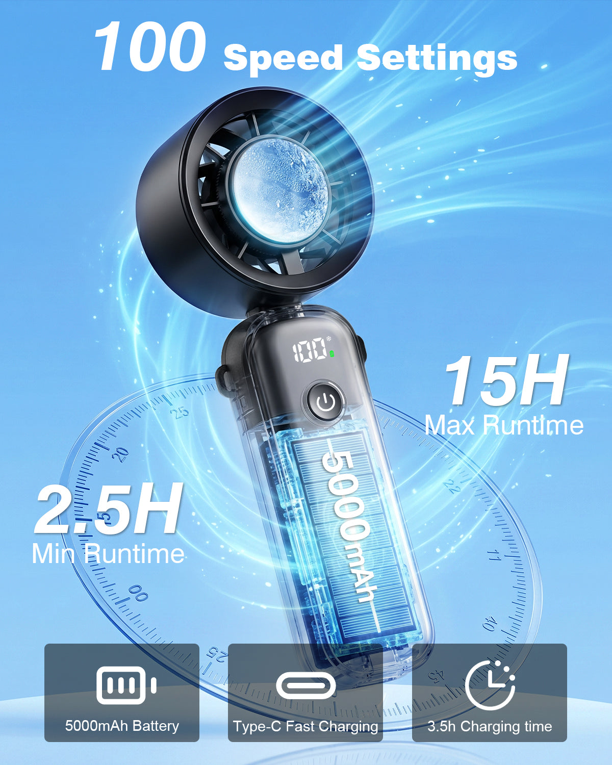 Spopal Portable Handheld Turbo Fan with Ice Cooler, Up to 15H, Low Noise | 10m/s Powerful, 100 Speed, 5000mAh USB Rechargeable, Foldable, 15000 RPM, Summer Essential Mini Fan for Travel/Outdoor/Office