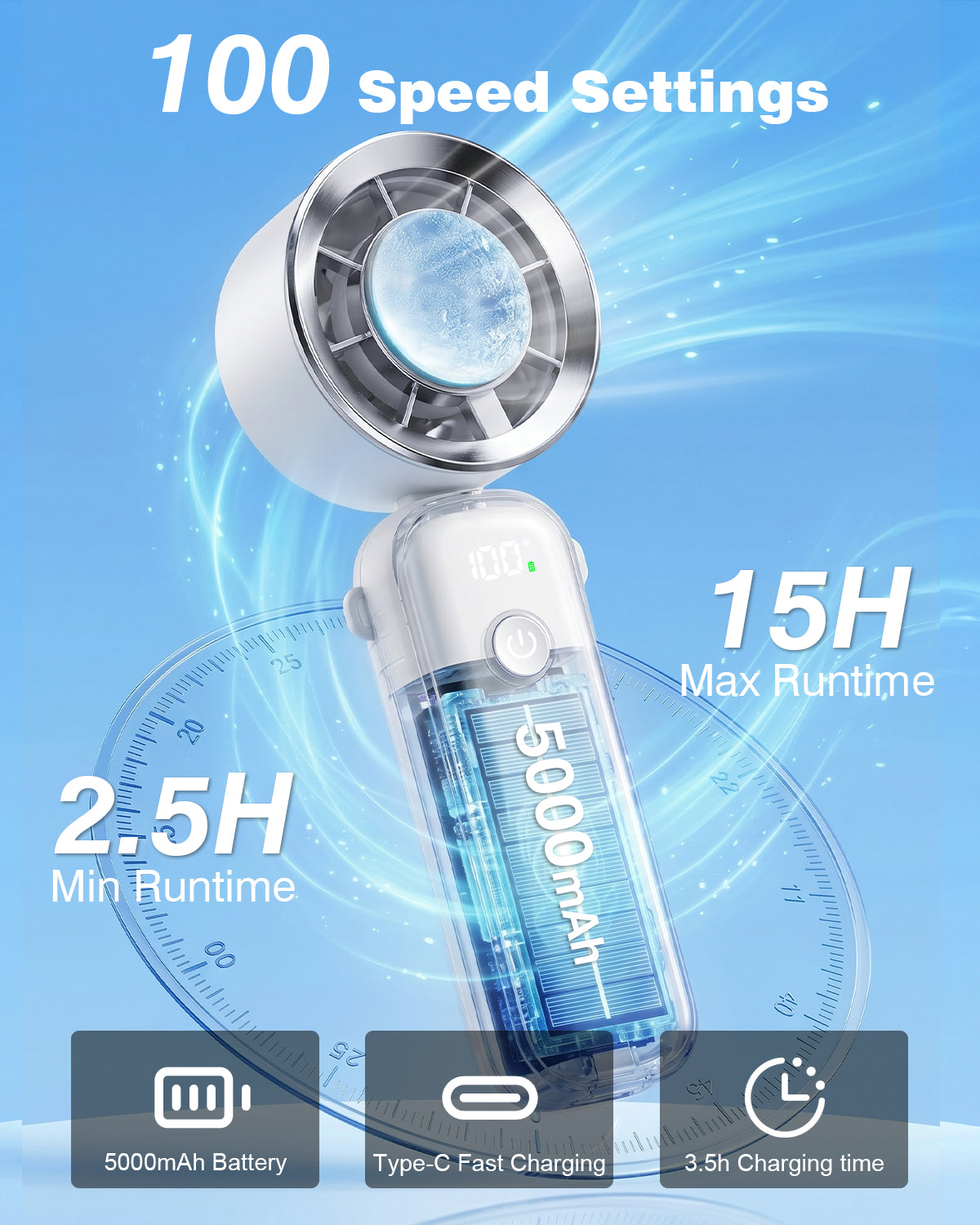 Portable Handheld Fan, [Up to 15 Hours] Spopal Digital Display Rechargeable Fan, High-Speed Cooling 10m/s Wind Speed, 100 Adjustable Speeds, 90° Foldable, Personal Fan for Travel, Beach, Office-White