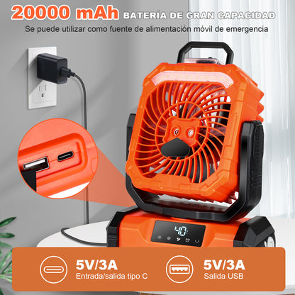 Spopal Ventilador Portátil Recargable con Spray, 20000mAh, 5 Velocidades y Gancho 360°, Luz LED Multifunción, Temporizador, Control Remoto, Modo Silencioso, para Camping, Playa, Hogar