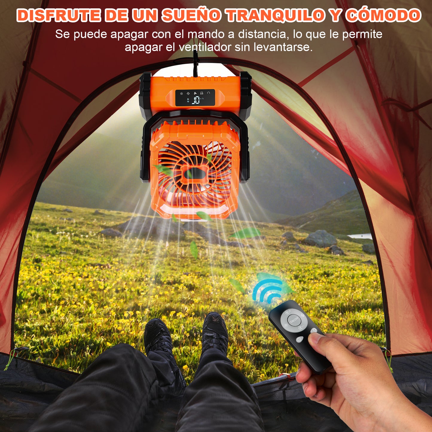 Spopal Ventilador Portátil Recargable con Spray, 20000mAh, 5 Velocidades y Gancho 360°, Luz LED Multifunción, Temporizador, Control Remoto, Modo Silencioso, para Camping, Playa, Hogar