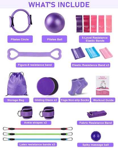 22 Pcs Pilates Fitness Kit for Women, Spopal Home Pilates Ring Set with Yoga Ball, 5-Level Resistance Band, Grip Socks, Pilates Set for Beginners, Gym Workouts, Full-Body Muscle Tranning-Purple