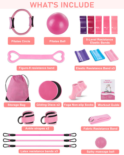 22 Pcs Pilates Fitness Kit for Women, Spopal Home Pilates Ring Set with Yoga Ball, 5-Level Resistance Band, Grip Socks, Pilates Set for Beginners, Gym Workouts, Full-Body Muscle Tranning-Pink