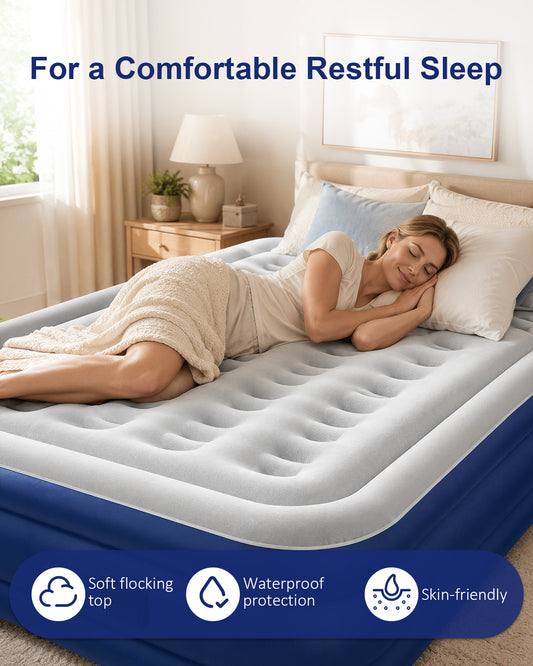 Queen Size Air Bed, [Quick Self-Inflation/Deflation] Spopal Inflatable Bed with 2600mAh Automatic Air Pump, Air Mattress, Comfortable Flocked Surface for Guest Home Camping (200x152x40cm)