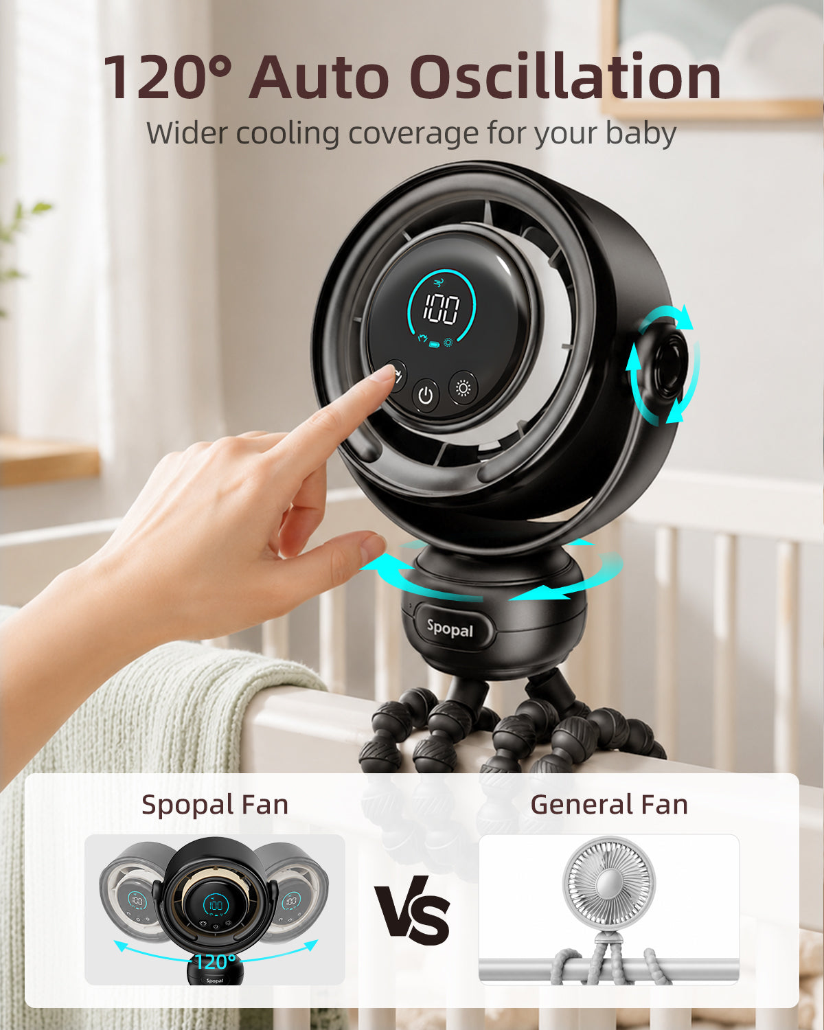 Portable Stroller Fan, [3 Night Light Modes/LED Screen] Spopal Baby Pram Fan, 1–100 Speeds, 120° Automatic Rotation, 4000mAh Rechargeable Fans for Stroller, Car Seats, Cribs, Travel-Black