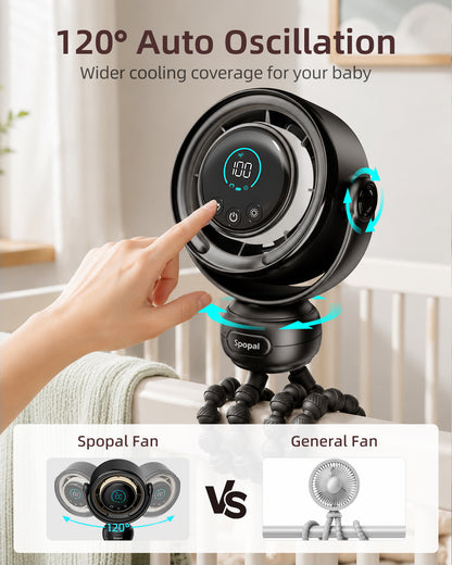 Portable Stroller Fan, [3 Night Light Modes/LED Screen] Spopal Baby Pram Fan, 1–100 Speeds, 120° Automatic Rotation, 4000mAh Rechargeable Fans for Stroller, Car Seats, Cribs, Travel-Black