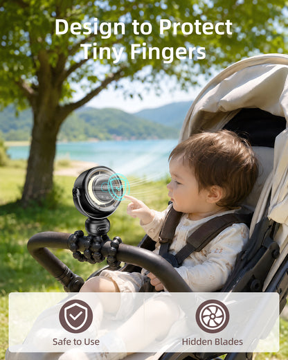 Portable Stroller Fan, [3 Night Light Modes/LED Screen] Spopal Baby Pram Fan, 1–100 Speeds, 120° Automatic Rotation, 4000mAh Rechargeable Fans for Stroller, Car Seats, Cribs, Travel-Black