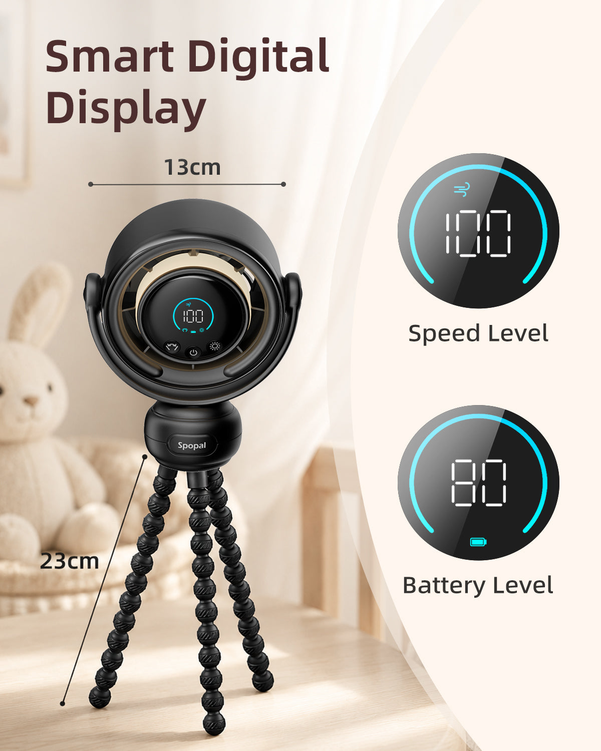 Portable Stroller Fan, [3 Night Light Modes/LED Screen] Spopal Baby Pram Fan, 1–100 Speeds, 120° Automatic Rotation, 4000mAh Rechargeable Fans for Stroller, Car Seats, Cribs, Travel-Black