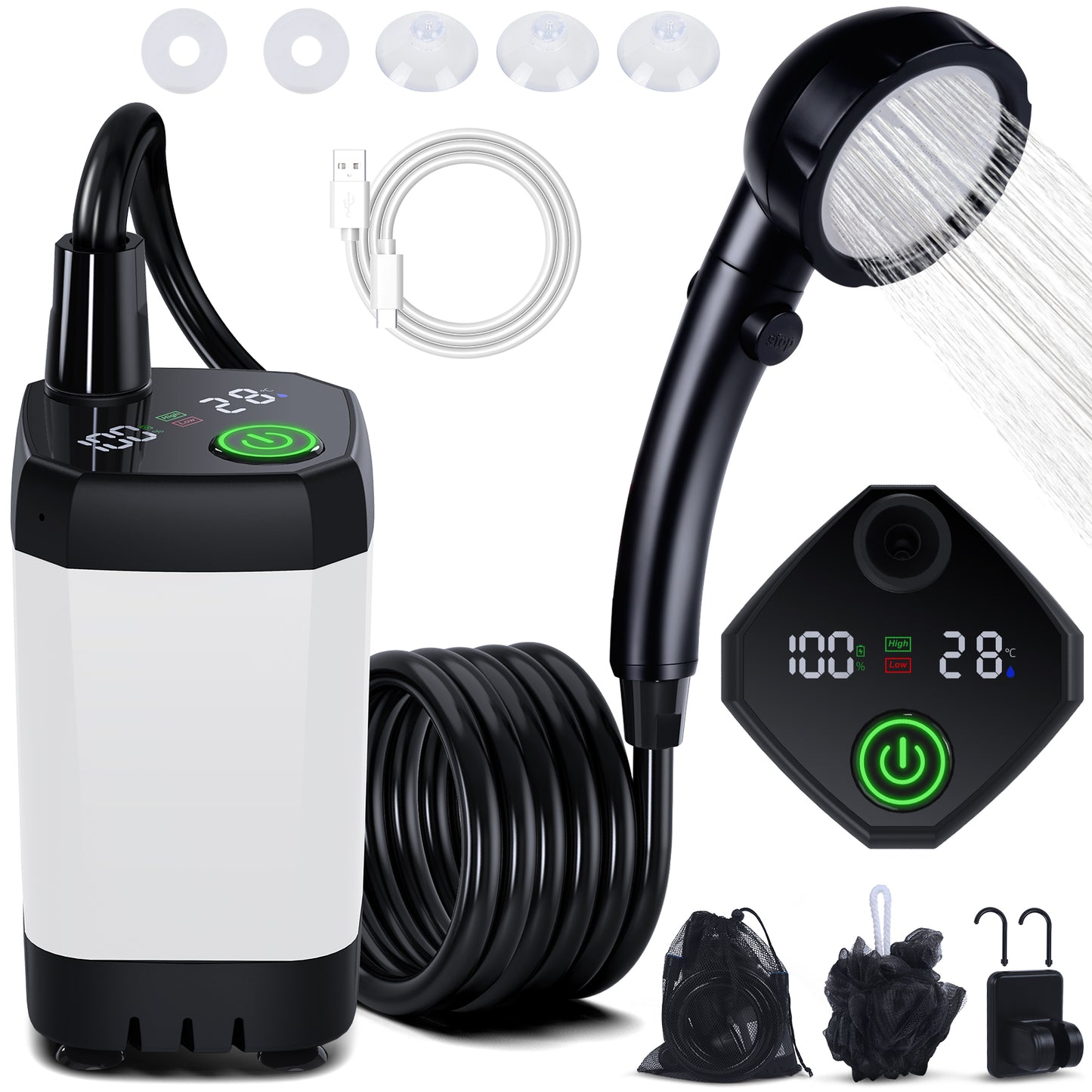 Portable Shower for Camping, [Long-Lasting] Spopal 6000mAh Rechargeable Camping Shower with Intelligent LED Display, 4 Spray Modes, IPX7 Waterproof Outdoor Camp Pump for Hiking, Travel, Car, Pet