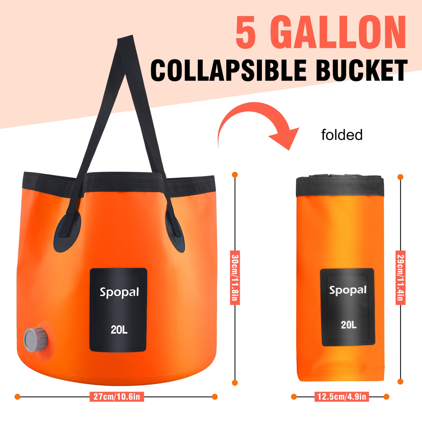 Spopal Portable Collapsible Bucket with Tap, 5.2 Gallon (20L) with Handle for Water Storage, Outdoor Ultra Light Water Container Suitable for Gardening, Fishing, Hiking, Pet Washing, Camping-Orange