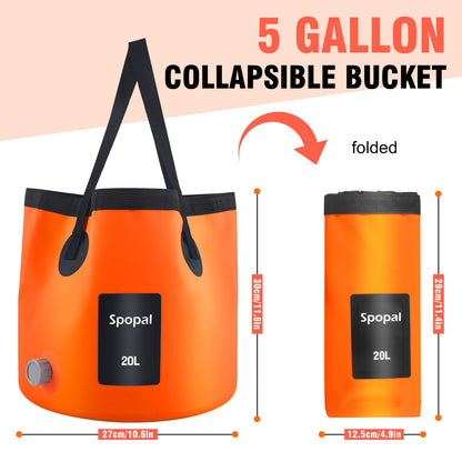Spopal Portable Collapsible Bucket with Tap, 5.2 Gallon (20L) with Handle for Water Storage, Outdoor Ultra Light Water Container Suitable for Gardening, Fishing, Hiking, Pet Washing, Camping-Orange