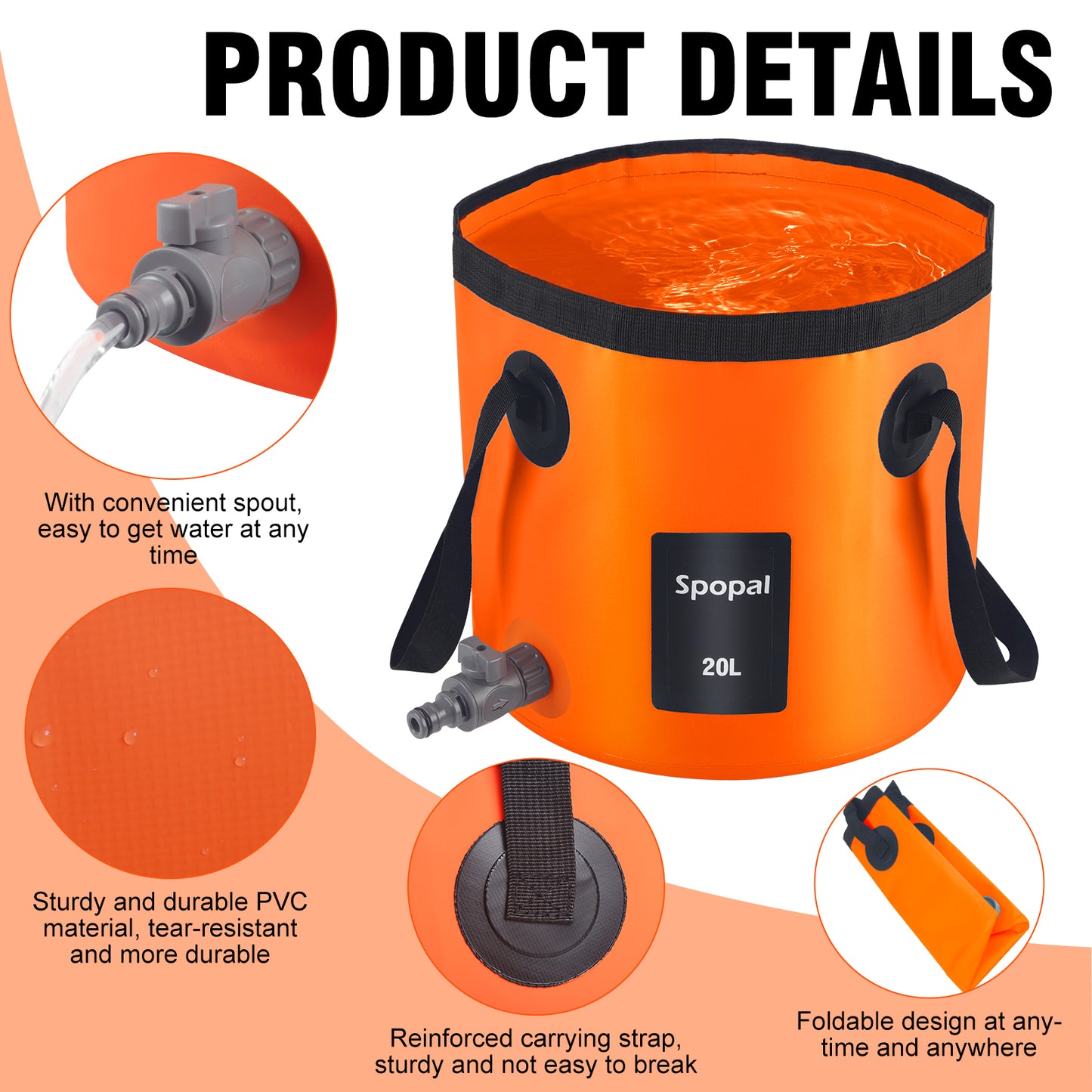 Spopal Portable Collapsible Bucket with Tap, 5.2 Gallon (20L) with Handle for Water Storage, Outdoor Ultra Light Water Container Suitable for Gardening, Fishing, Hiking, Pet Washing, Camping-Orange