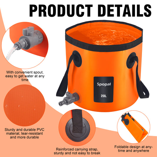 Spopal Portable Collapsible Bucket with Tap, 5.2 Gallon (20L) with Handle for Water Storage, Outdoor Ultra Light Water Container Suitable for Gardening, Fishing, Hiking, Pet Washing, Camping-Orange