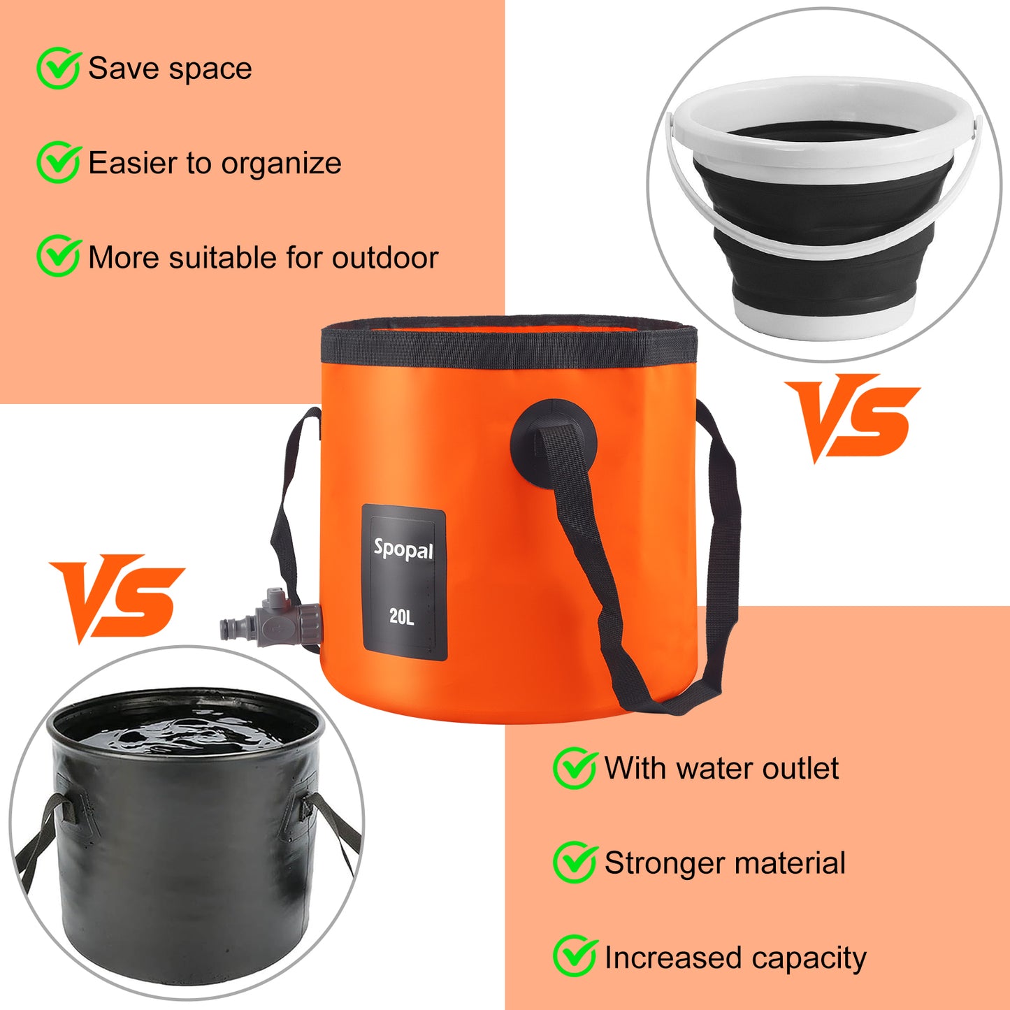 Spopal Portable Collapsible Bucket with Tap, 5.2 Gallon (20L) with Handle for Water Storage, Outdoor Ultra Light Water Container Suitable for Gardening, Fishing, Hiking, Pet Washing, Camping-Orange