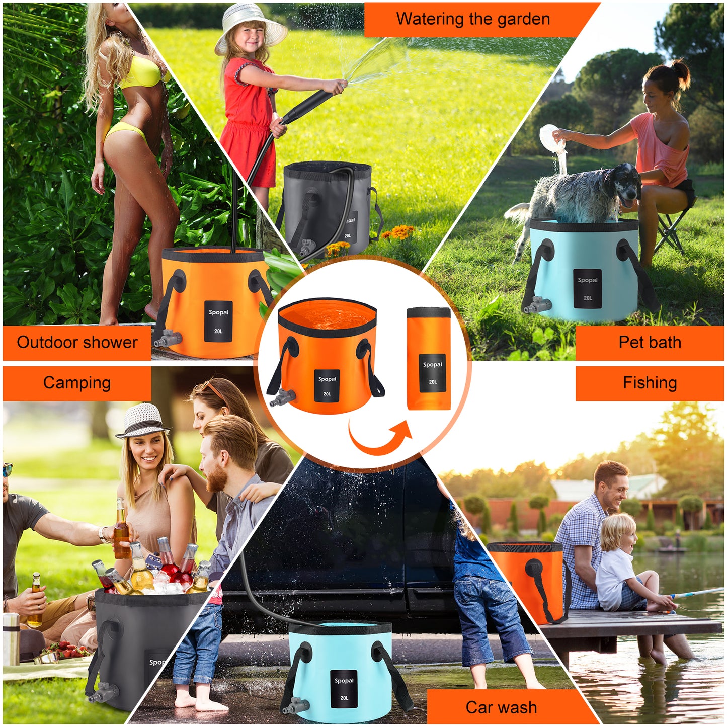 Spopal Portable Collapsible Bucket with Tap, 5.2 Gallon (20L) with Handle for Water Storage, Outdoor Ultra Light Water Container Suitable for Gardening, Fishing, Hiking, Pet Washing, Camping-Orange