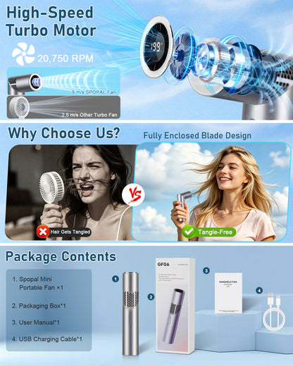 Spopal Portable Handheld Fan, 20750RPM Mini Turbo Fan Handheld Foldable with 199-Speed, Up to 11H Runtime, LED Display for Travel Outdoor