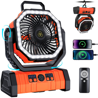 Portable Camping Fan, Spopal 20000mAh Rechargeable Tent Fan with LED Lantern, 4 Speeds and 360° Hook, Remote Control, Power Bank Function, for Camping, Fishing, Indoor Use [Orange,L]