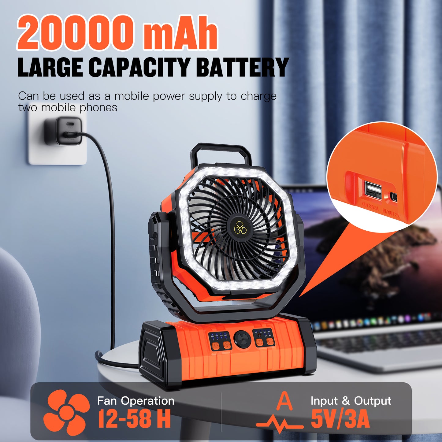 Portable Camping Fan, Spopal 20000mAh Rechargeable Tent Fan with LED Lantern, 4 Speeds and 360° Hook, Remote Control, Power Bank Function, for Camping, Fishing, Indoor Use [Orange,L]