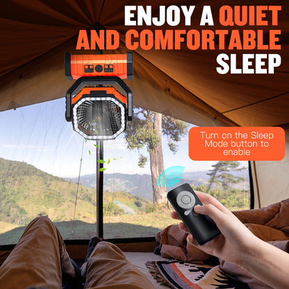 Portable Camping Fan, Spopal 20000mAh Rechargeable Tent Fan with LED Lantern, 4 Speeds and 360° Hook, Remote Control, Power Bank Function, for Camping, Fishing, Indoor Use [Orange,L]