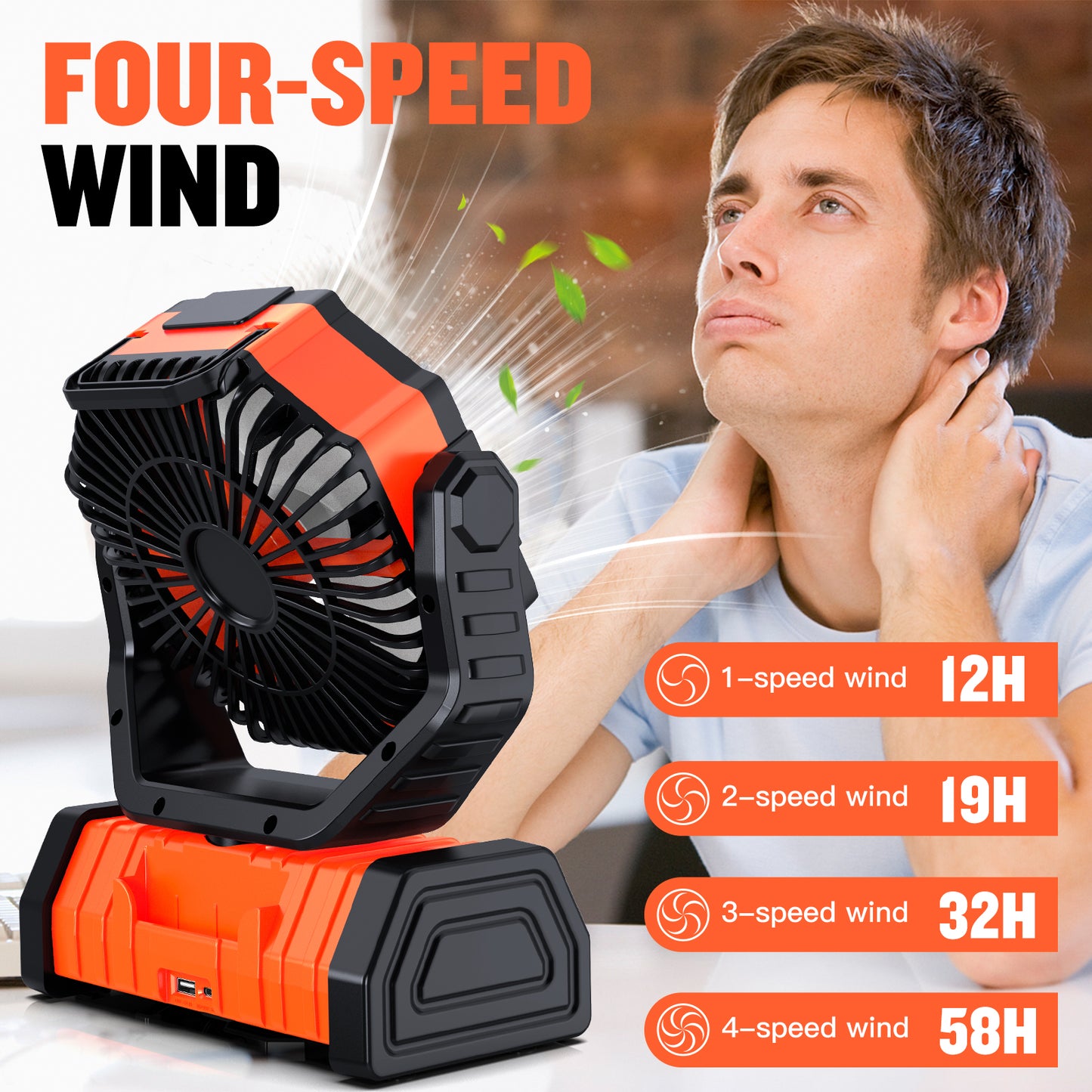 Portable Camping Fan, Spopal 20000mAh Rechargeable Tent Fan with LED Lantern, 4 Speeds and 360° Hook, Remote Control, Power Bank Function, for Camping, Fishing, Indoor Use [Orange,L]
