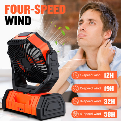 Portable Camping Fan, Spopal 20000mAh Rechargeable Tent Fan with LED Lantern, 4 Speeds and 360° Hook, Remote Control, Power Bank Function, for Camping, Fishing, Indoor Use [Orange,L]