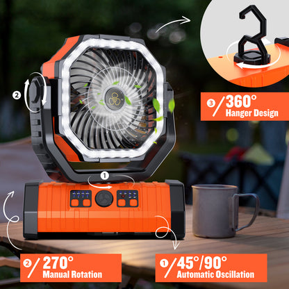 Portable Camping Fan, Spopal 20000mAh Rechargeable Tent Fan with LED Lantern, 4 Speeds and 360° Hook, Remote Control, Power Bank Function, for Camping, Fishing, Indoor Use [Orange,L]