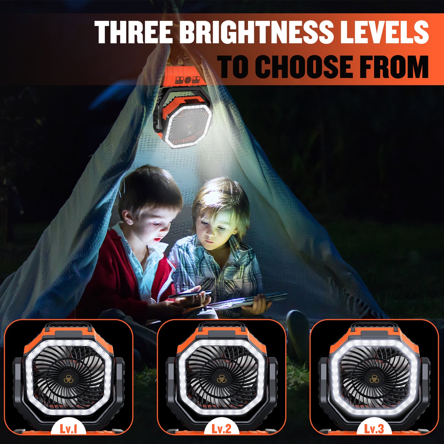 Portable Camping Fan, Spopal 20000mAh Rechargeable Tent Fan with LED Lantern, 4 Speeds and 360° Hook, Remote Control, Power Bank Function, for Camping, Fishing, Indoor Use [Orange,L]