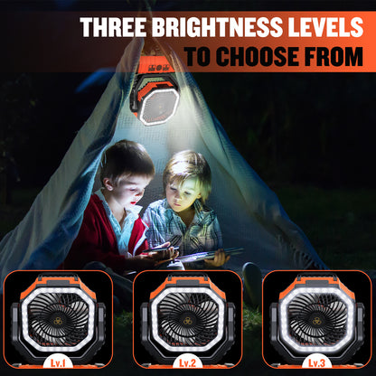 Portable Camping Fan, Spopal 20000mAh Rechargeable Tent Fan with LED Lantern, 4 Speeds and 360° Hook, Remote Control, Power Bank Function, for Camping, Fishing, Indoor Use [Orange,L]