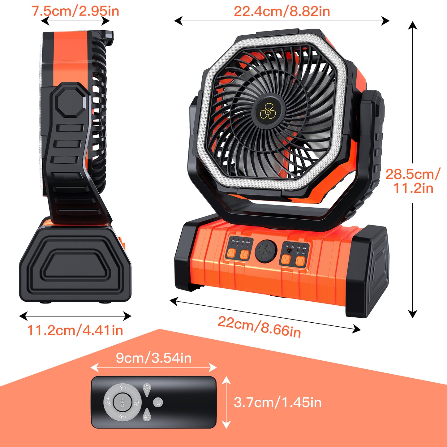 Portable Camping Fan, Spopal 20000mAh Rechargeable Tent Fan with LED Lantern, 4 Speeds and 360° Hook, Remote Control, Power Bank Function, for Camping, Fishing, Indoor Use [Orange,L]
