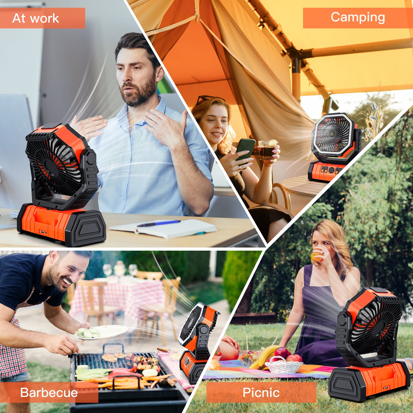 Portable Camping Fan, Spopal 20000mAh Rechargeable Tent Fan with LED Lantern, 4 Speeds and 360° Hook, Remote Control, Power Bank Function, for Camping, Fishing, Indoor Use [Orange,L]