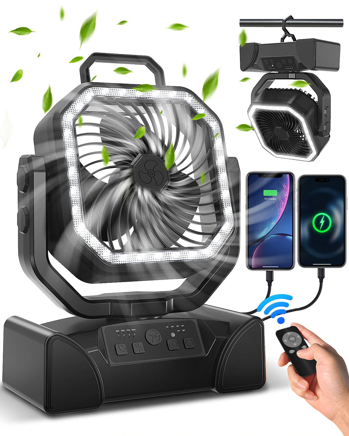 Spopal 40,000mAh Rechargeable Portable Fan for Camping, Exceptional Battery Life, 4 Speed Settings, LED Light, Suspended Mode, Remote Control, Emergency Fan for Outdoor/Indoor Use