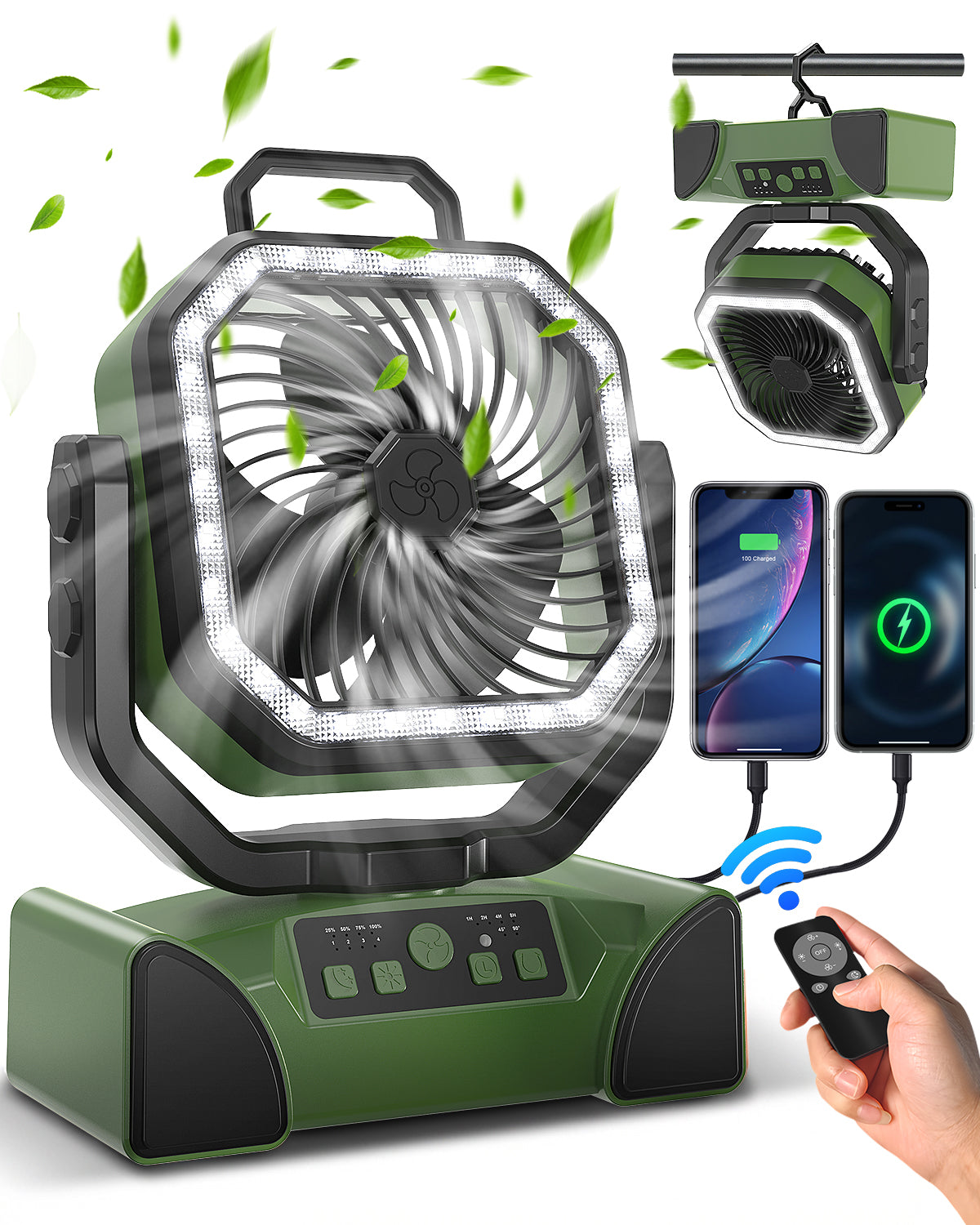 Spopal 40,000mAh Rechargeable Portable Fan for Camping, Exceptional Battery Life, 4 Speed Settings, LED Light, Suspended Mode, Remote Control, Emergency Fan for Outdoor/Indoor Use