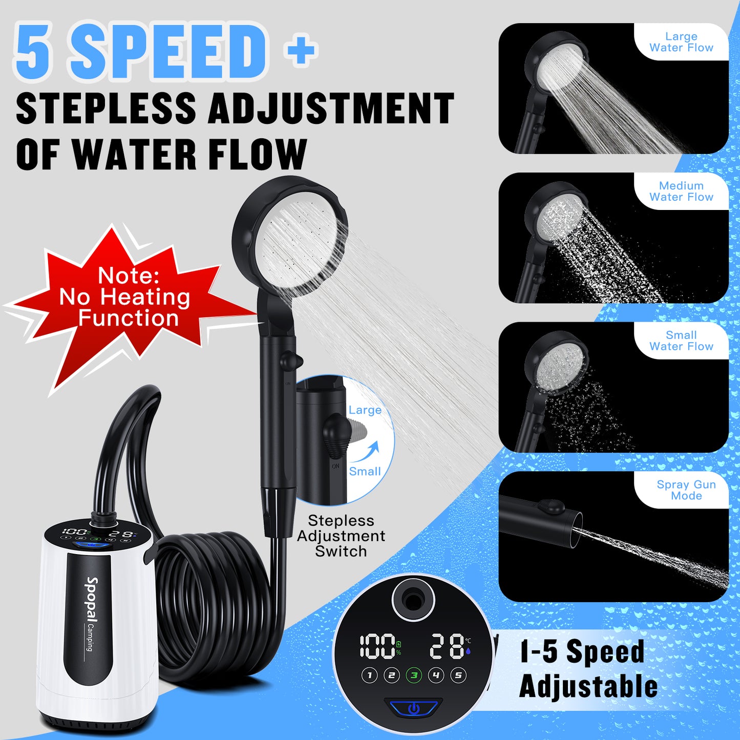 Spopal 10000mAh Rechargeable Camping Shower White