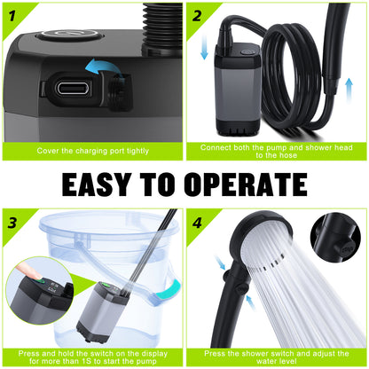 Portable Shower for Camping, [Long-Lasting] Spopal 6000mAh Rechargeable Camping Shower with Intelligent LED Display, 4 Spray Modes, IPX7 Waterproof Outdoor Camp Pump for Hiking, Travel, Car, Pet